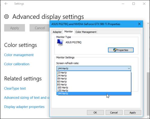 display adapter properties not showing higher refresh rate