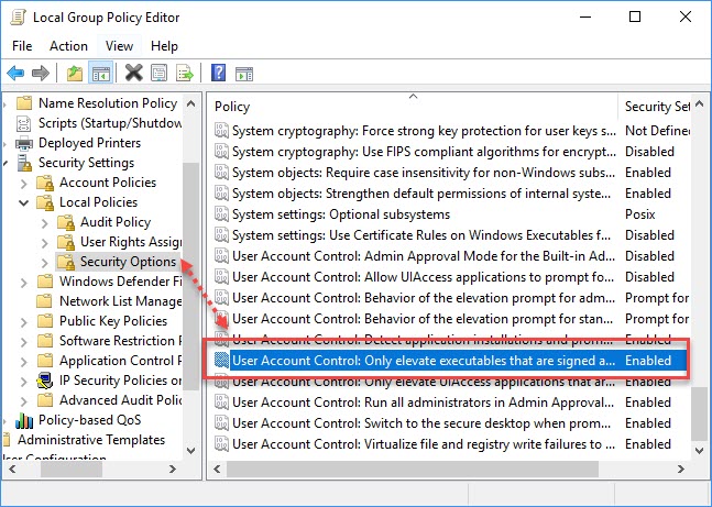 User Account Control: Only elevate executables that are signed and validated