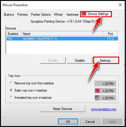 select-device-settings-and-click-settings-synaptic-mouse-driver