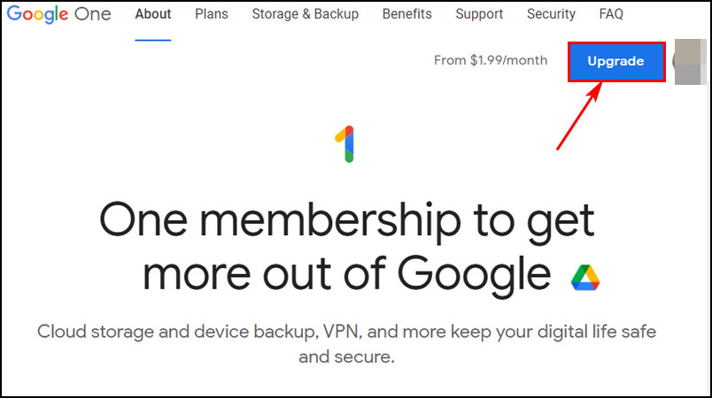click-google-one-upgrade-button