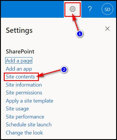 click-site-contents-option-sharepoint