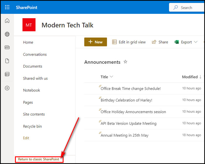 select-return-to-classic-sharepoint-option